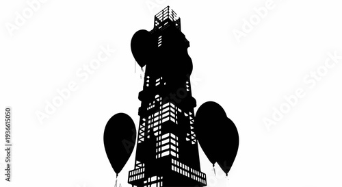 Striking silhouette of a tall building adorned with festive balloons against a bright background.