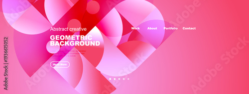 Abstract geometric background features vibrant pink, purple hues. Website navigation includes work, about, portfolio, contact sections. Button reads read more.
