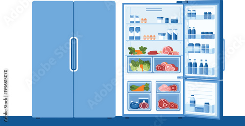Open refrigerator full of food vegetables meat milk and drinks kitchen appliance flat vector illustration