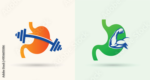 Digestive Stomach and Barbell Logo for Nutrition Fitness Health
