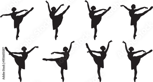 Black Solid Ballet Penche Balance Silhouettes Set of Six on White Background