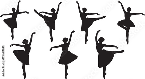 Black Solid Ballet Penche Balance Silhouettes Set of Six on White Background