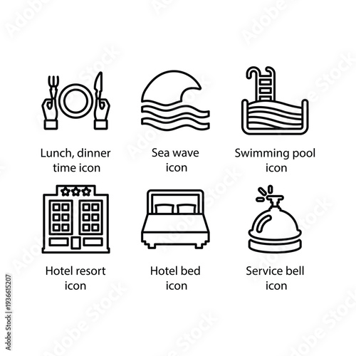 Dinner time, Sea wave, Swimming pool, Hotel resort, Hotel bed, Service bell, icon