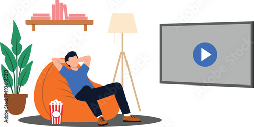 Man relaxing watching movie on television with popcorn at home flat vector illustration