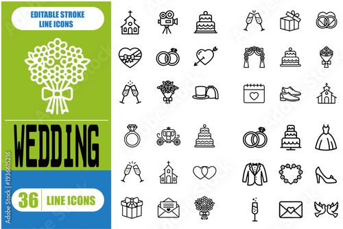 Collection of beautiful thin line style vector wedding icons stock illustration