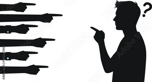 Silhouette of a man being pointed at by multiple hands questioning gaze