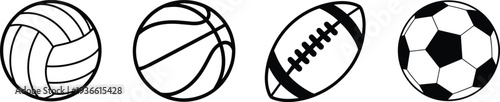 Sports ball icon collection featuring volleyball, basketball, American football and soccer symbols in clean outline vector style for athletic themes