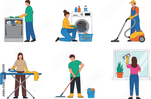 Household cleaning chores people washing dishes laundry vacuuming ironing mopping flat vector illustration set