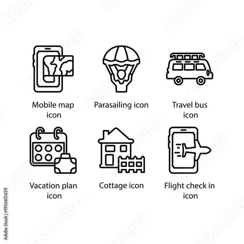 Mobile map, Parasailing, Travel bus, Vacation plan, Cottage, Flight check in, icon