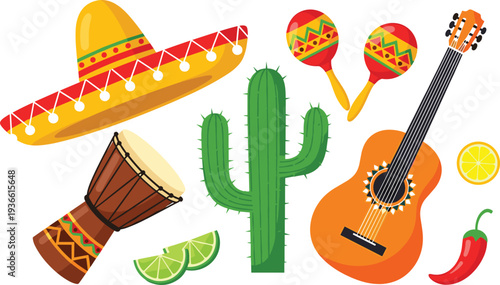 Mexican culture symbols collection with sombrero guitar maracas cactus and drum flat vector illustration set