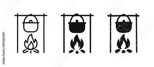Campfire Cooking Pot Icon Set - Outdoor Kettle Over Fire in Outline, Silhouette, and Hand-Drawn Styles