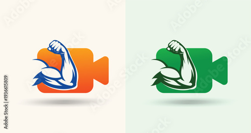 Video Camera and Bicep Logo for Fitness Media Production Branding
