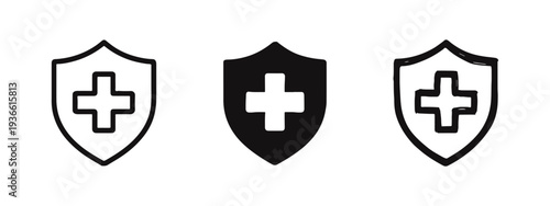 Medical Shield with Cross Icon Set - Healthcare Protection and First Aid Symbol Collection