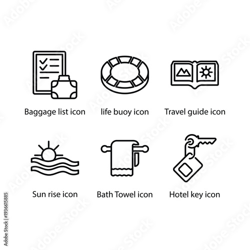 Baggage list, life buoy, Travel guide, Sun rise, Bath Towel, Hotel key, icon