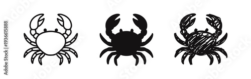 Crab Marine Animal Icon Set - Seafood and Ocean Life Symbol in Outline, Solid, and Doodle Styles