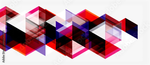 Abstract geometric design. Overlapping triangles create dynamic pattern. Red, purple, black hues dominate white background. Modern aesthetic.