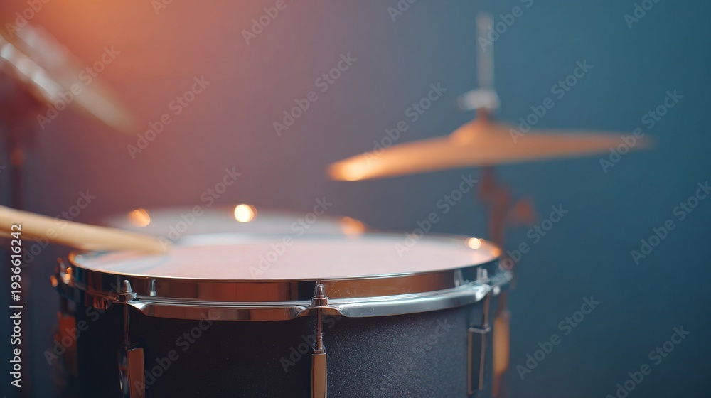 Obraz premium Close-up of drum kit on stage with cymbals and warm concert lighting