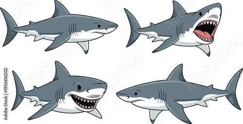 Shark ocean predator fish different poses marine wildlife flat vector illustration set