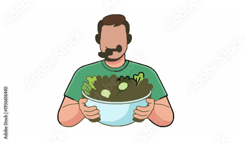 Man eating healthy salad vegetarian lifestyle cartoon vector EPS 10