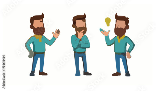 Bearded man character greeting thinking and idea cartoon vector set EPS 10