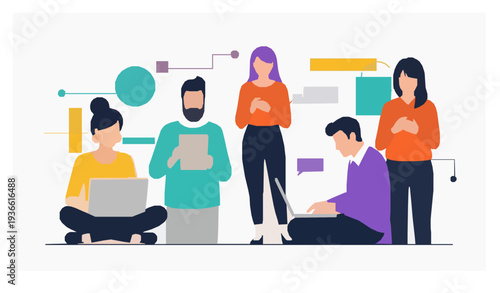 Remote work and social media gadget users flat vector illustration EPS 10