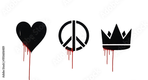 Black Stencil Symbols of Love, Peace, and Power with Dripping Blood Effect