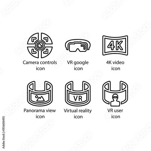 Camera controls, VR google, 4K video, Panorama view, Virtual reality, VR user, iconArt & Illustration