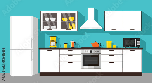 Modern kitchen interior with refrigerator cabinets stove oven and appliances flat vector illustration