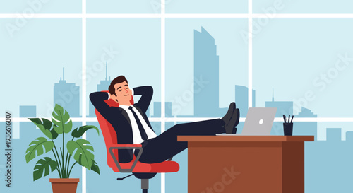 Relaxed businessman sitting in office chair with feet on desk workplace break flat vector illustration