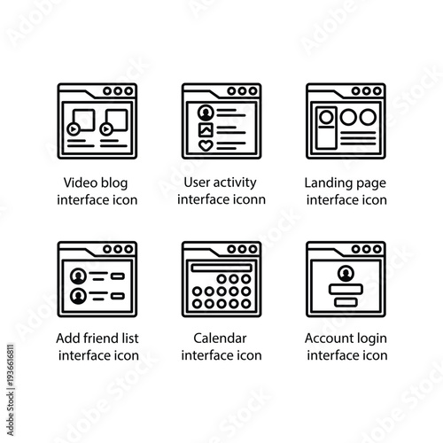 Video blog, User activity, Landing page, Add friend list, Calendar, Account login, icon