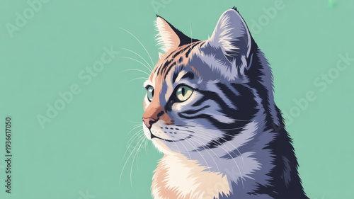 Vibrant illustration of a curious tabby cat with striking green eyes on a soft mint green background