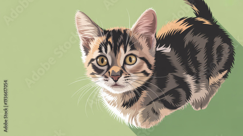 Cute calico cat with green eyes looking directly at viewer on light green background with black and orange fur patterns
