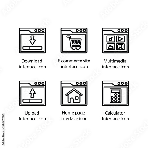 Download, E commerce site, Multimedia, Upload, Home page, Calculator, icon