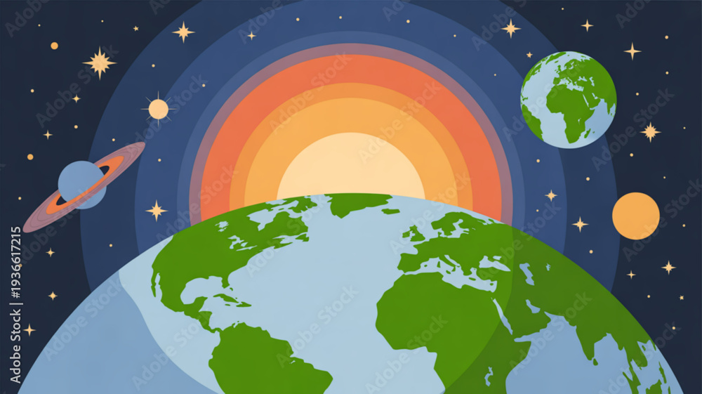 Obraz premium Vibrant earth from space with rainbow sun and planets in starry night sky representing global harmony and environmental awareness