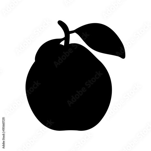 Black silhouette of a single guava fruit with a leaf on white