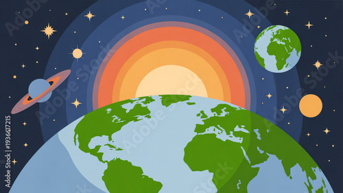 Vibrant earth from space with rainbow sun and planets in starry night sky representing global harmony and environmental awareness