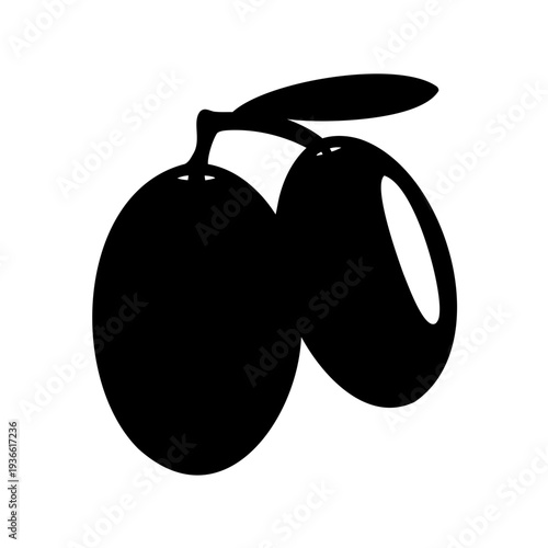 Silhouette of two black olives on a twig with a leaf isolated
