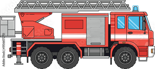 Fire truck with ladder emergency rescue firefighting vehicle side view flat vector illustration