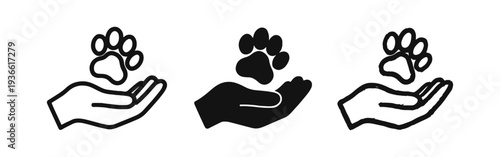 Hand Holding Paw Print Icon Set - Pet Care, Animal Welfare, and Adoption Symbols in Various Styles