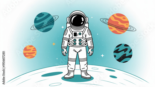 Astronaut standing on moon surface with planets and stars in space background wearing white spacesuit