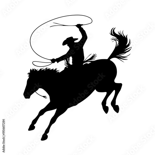 Vector Cowboy Silhouette Riding Bucking Horse in Action Holding Lasso Western Rodeo Dynamic Vintage Style