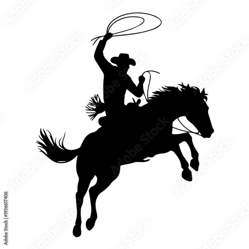 Vector Cowboy Silhouette Riding Bucking Horse in Action Holding Lasso Western Rodeo Dynamic Vintage Style