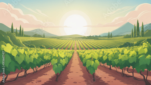 Vineyard landscape with rows of lush green grapevines at sunset surrounded by mountains and cypress trees in a serene countryside setting