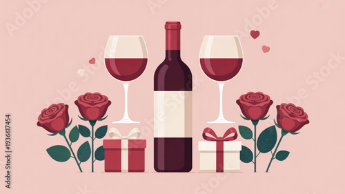 Romantic valentine's day setup with wine bottle glasses roses and gifts on pink background
