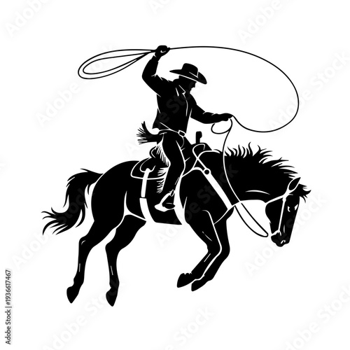 Vector Cowboy Silhouette Riding Bucking Horse in Action Holding Lasso Western Rodeo Dynamic Vintage Style