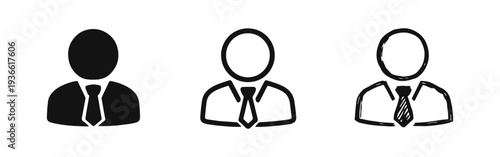 Businessman user profile icon set. Professional male avatar symbol in solid, outline, and doodle styles.