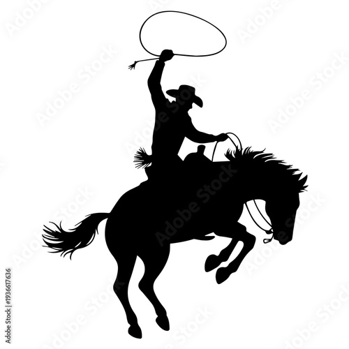 Vector Cowboy Silhouette Riding Bucking Horse in Action Holding Lasso Western Rodeo Dynamic Vintage Style