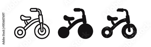 Tricycle Icon Set - Kids' Bicycle and Childhood Toy Symbols in Outline, Solid, and Hand Drawn Styles