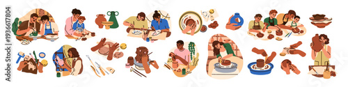 Ceramic class set. Potters shaping, making handmade clay pots on pottery wheel. People learning hand work, craft, molding artisan earthenware. Flat vector illustration isolated on white background