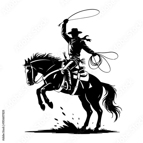 Vector Cowboy Silhouette Riding Bucking Horse in Action Holding Lasso Western Rodeo Dynamic Vintage Style